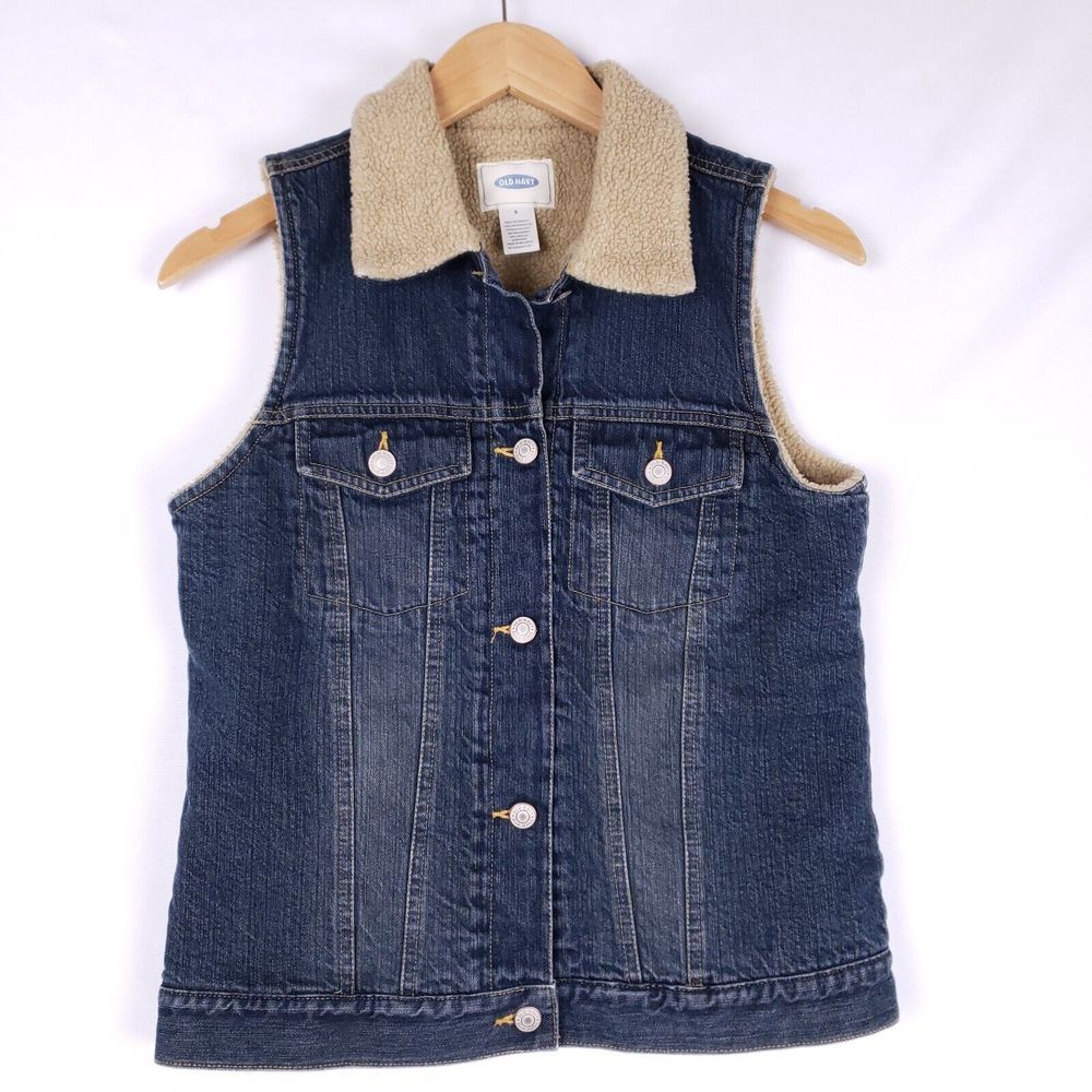 Old Navy Sherpa‎ Lined Denim Vest Womens Small Button Front Retro Wintercore